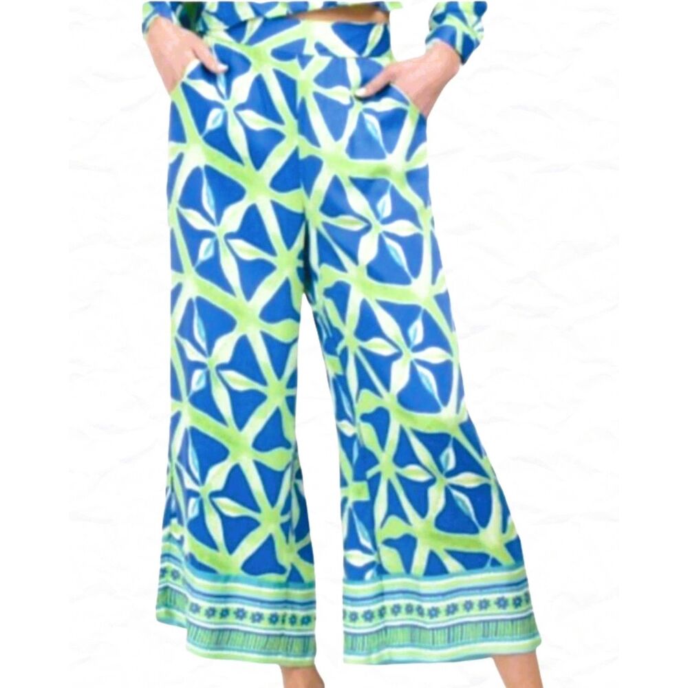 Haute Hippie Blue & Green Faux Wrap Blouse & Wide Leg Crop Pants Set Size L